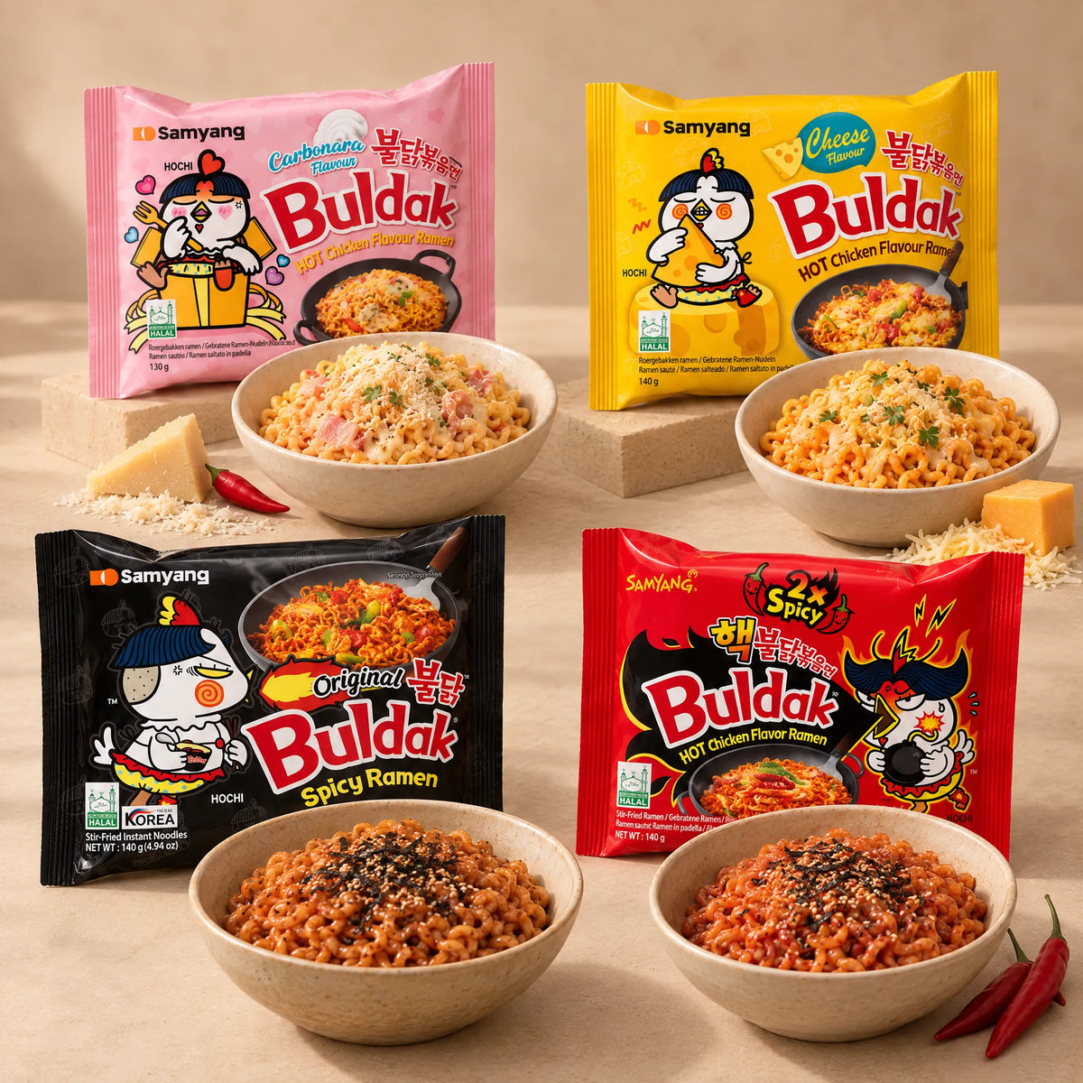 SAMYANG Buldak 20er Tasting Bundle mit Cheese, Carbonara, Original & 2xSpicy